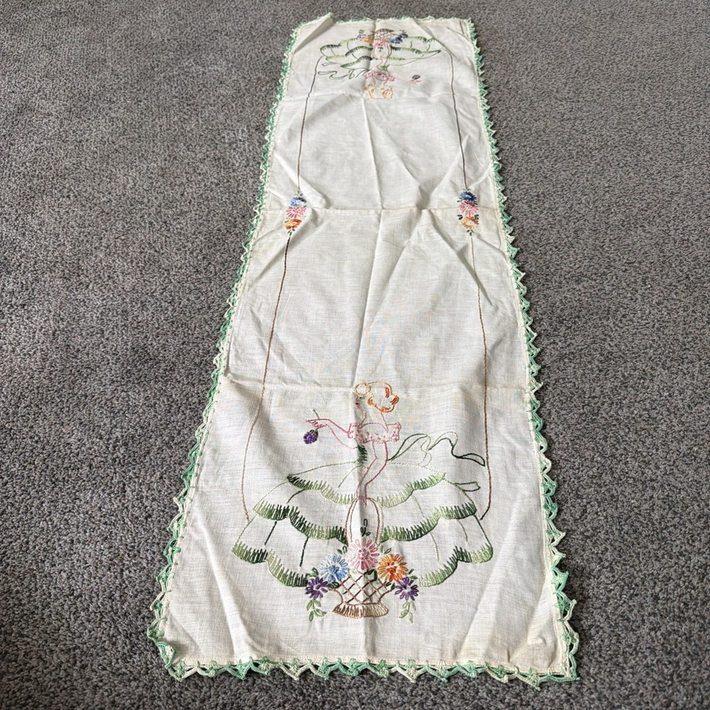 Vtg Ivory Linen Dresser Scarf Embroidery Crochet Girl With Basket Floral 12"x42"